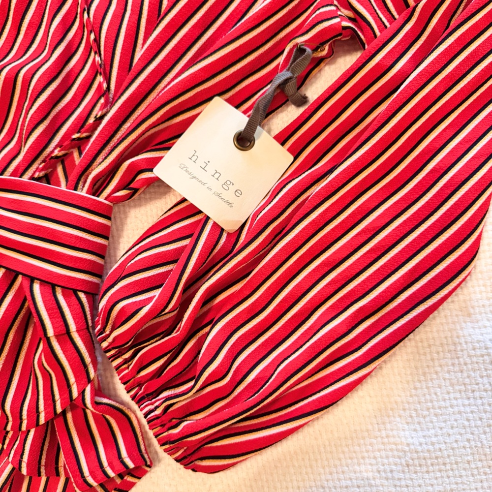 HINGE Striped Wrap Blouse Tie Bow Waist Red & White Stripe Puff Long Sleeve Top - Picture 8 of 16